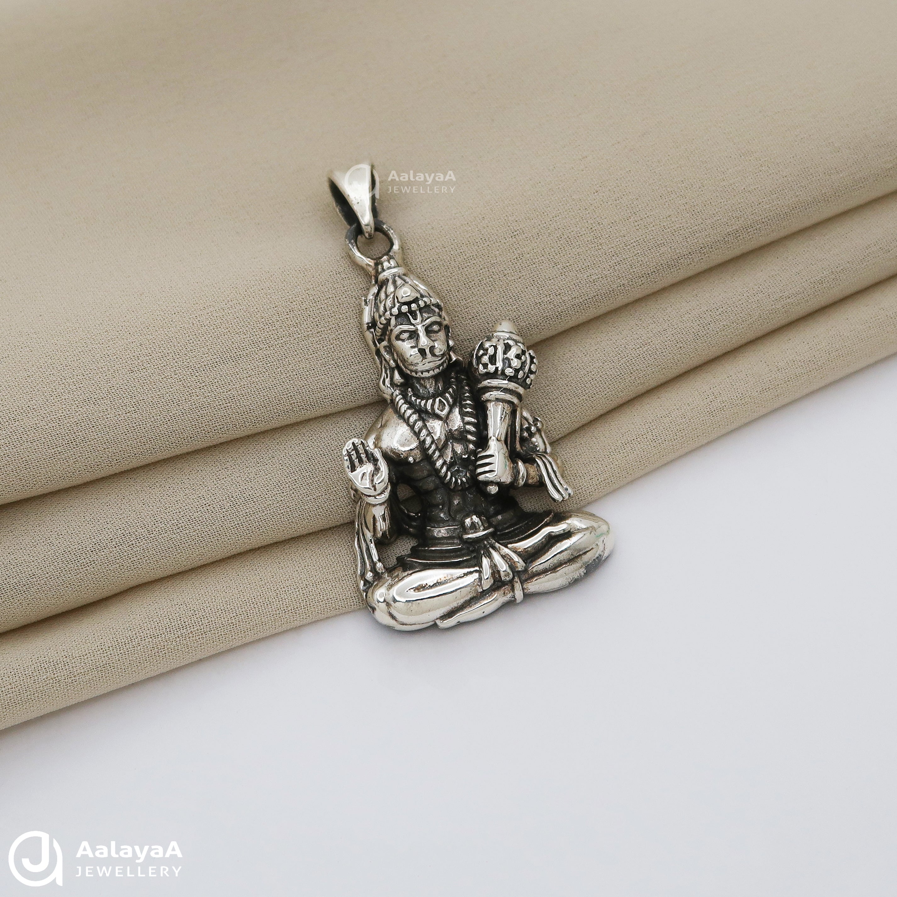 Oxidised Silver Sitting Hanuman Pendant