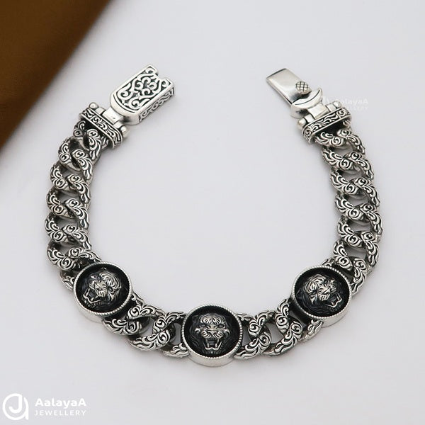Triple Panther Turkish Oxidised Silver Bracelet