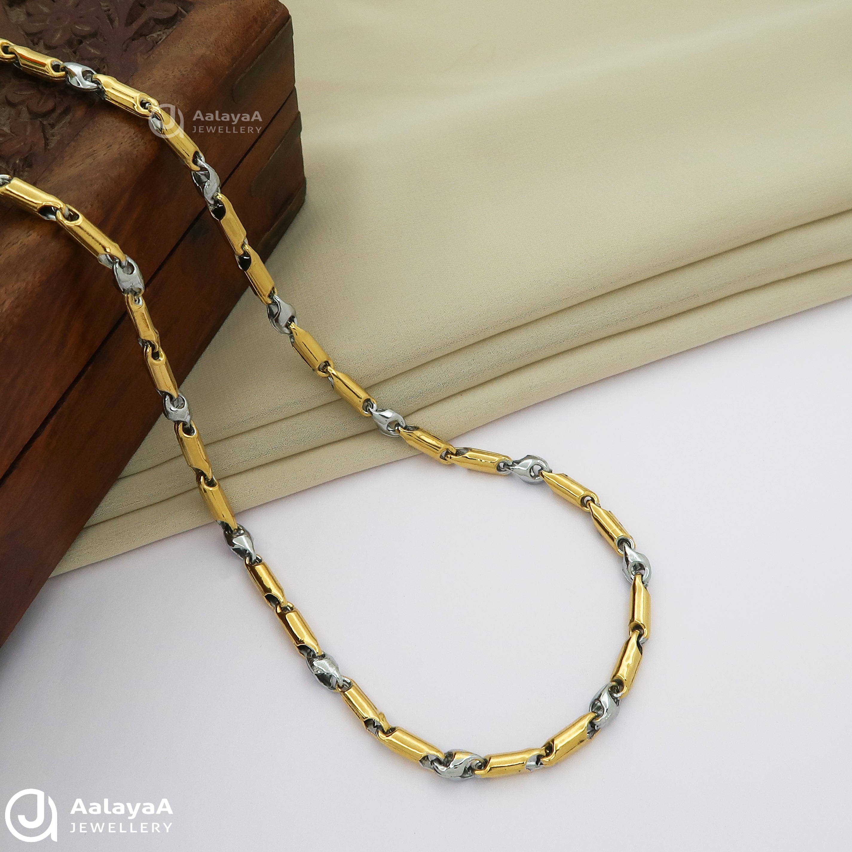 Dual Tone Cylindrical Silver Link Chain