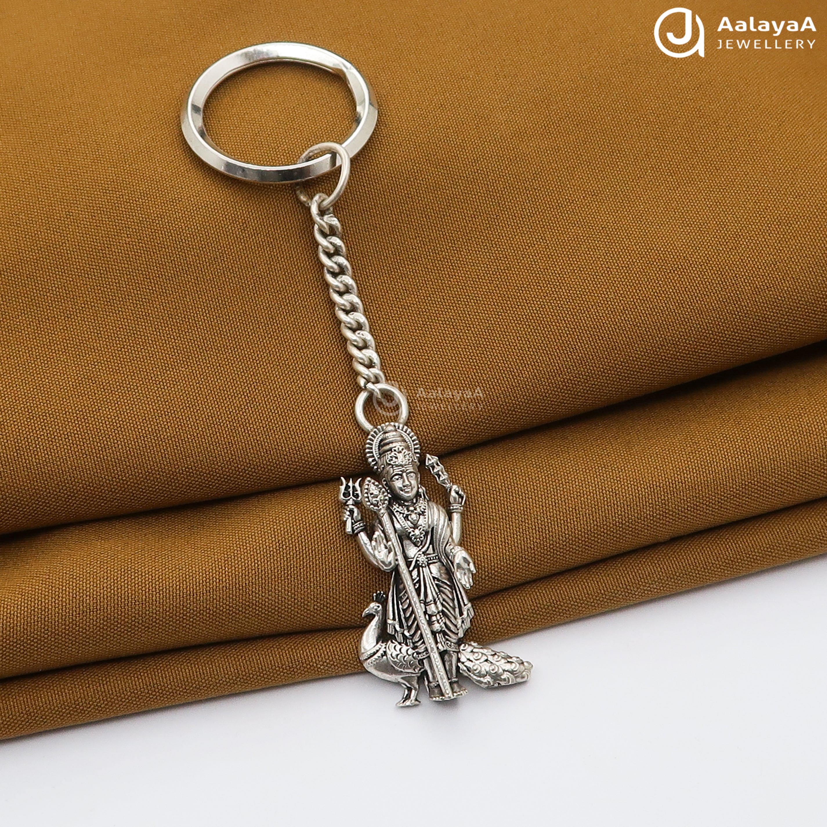 Murugan Peacock Oxidised Silver Keychain