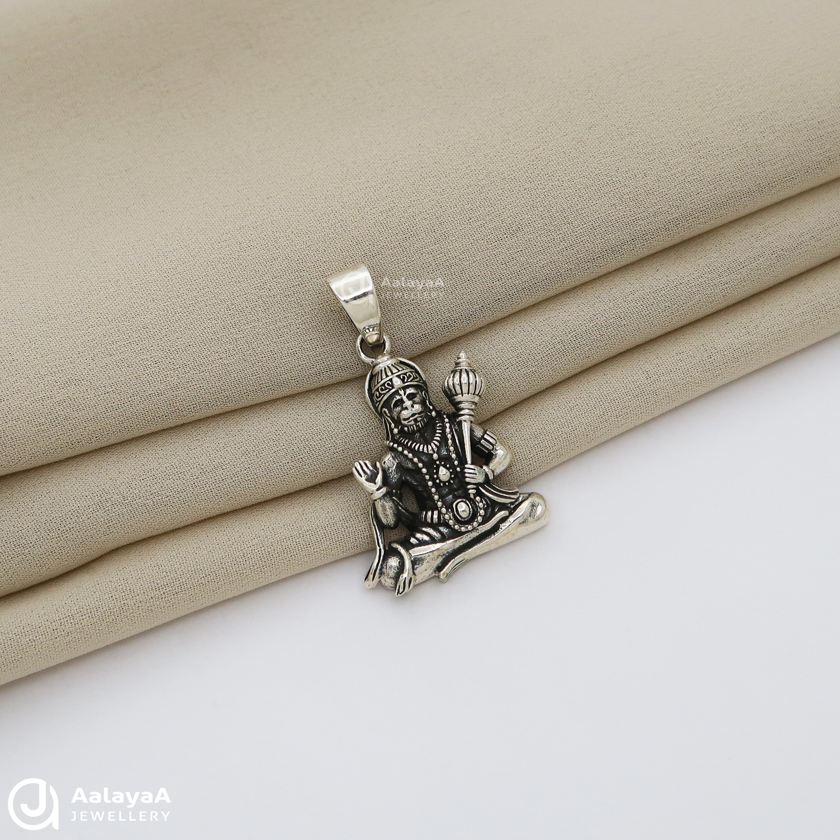 Oxidised Silver Sitting Hanuman Pendant