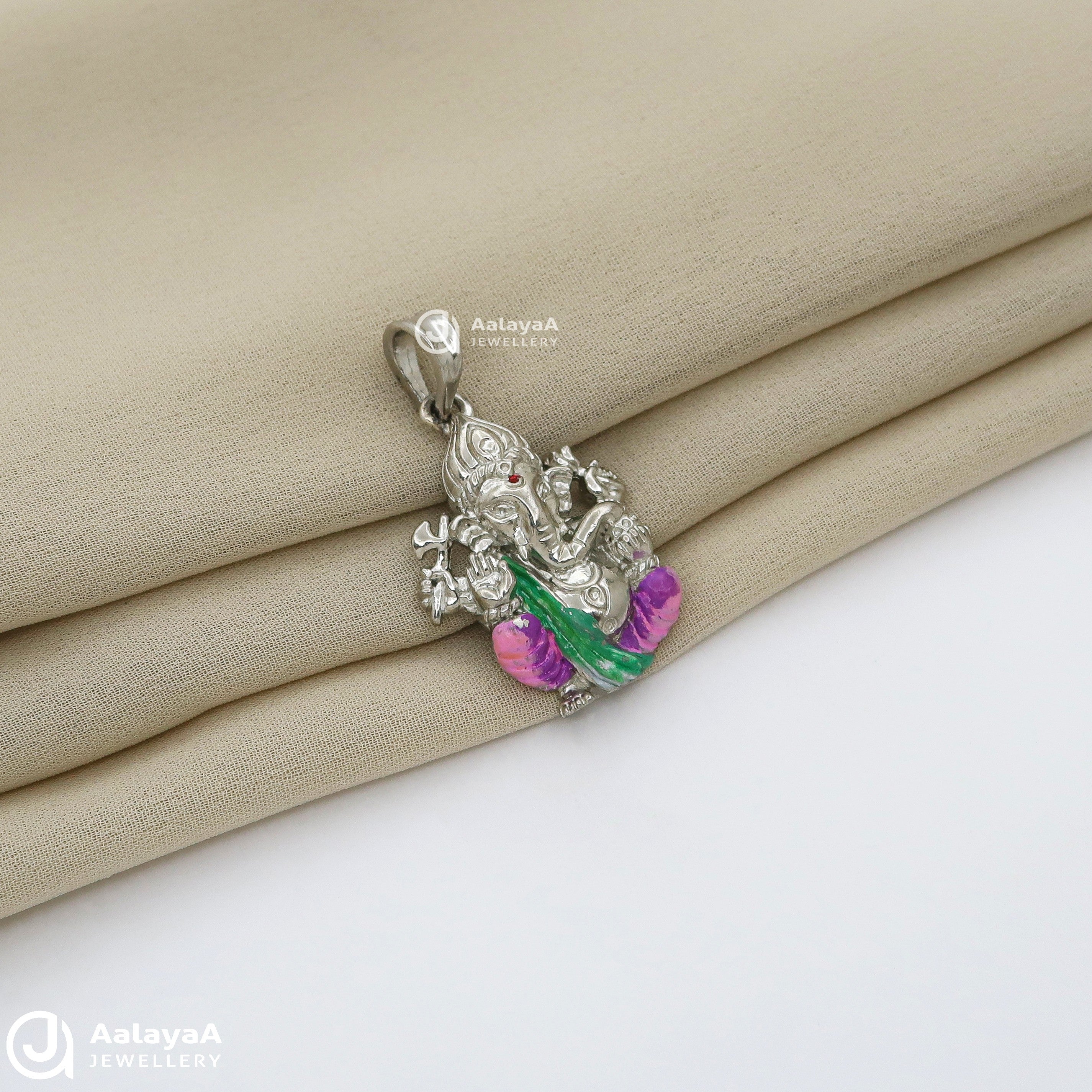 Pink and Green Ganesha Silver Pendant