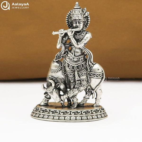 Silver Antique Cow Krishna 2D Idol
