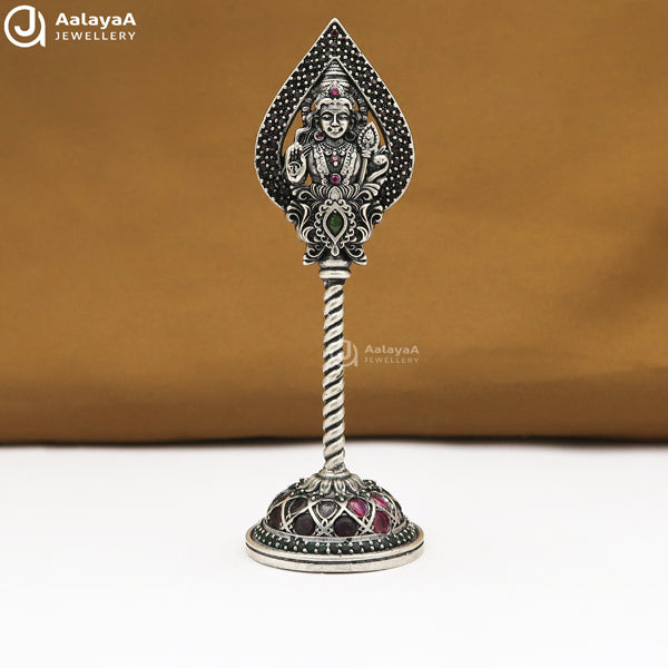 Silver Antique Pink and Green Stone Murugan Vel 2D Idol