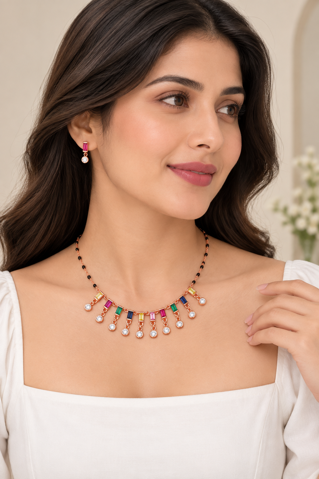 Silver Rosegold Aurora Prism Drop Necklace Set