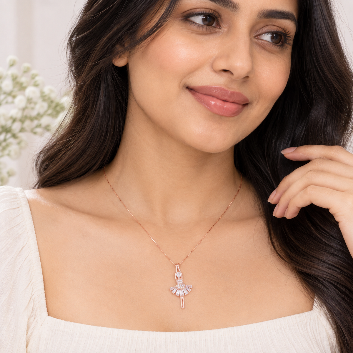Silver RoseGold Ballerina Sparkle Chain Pendant