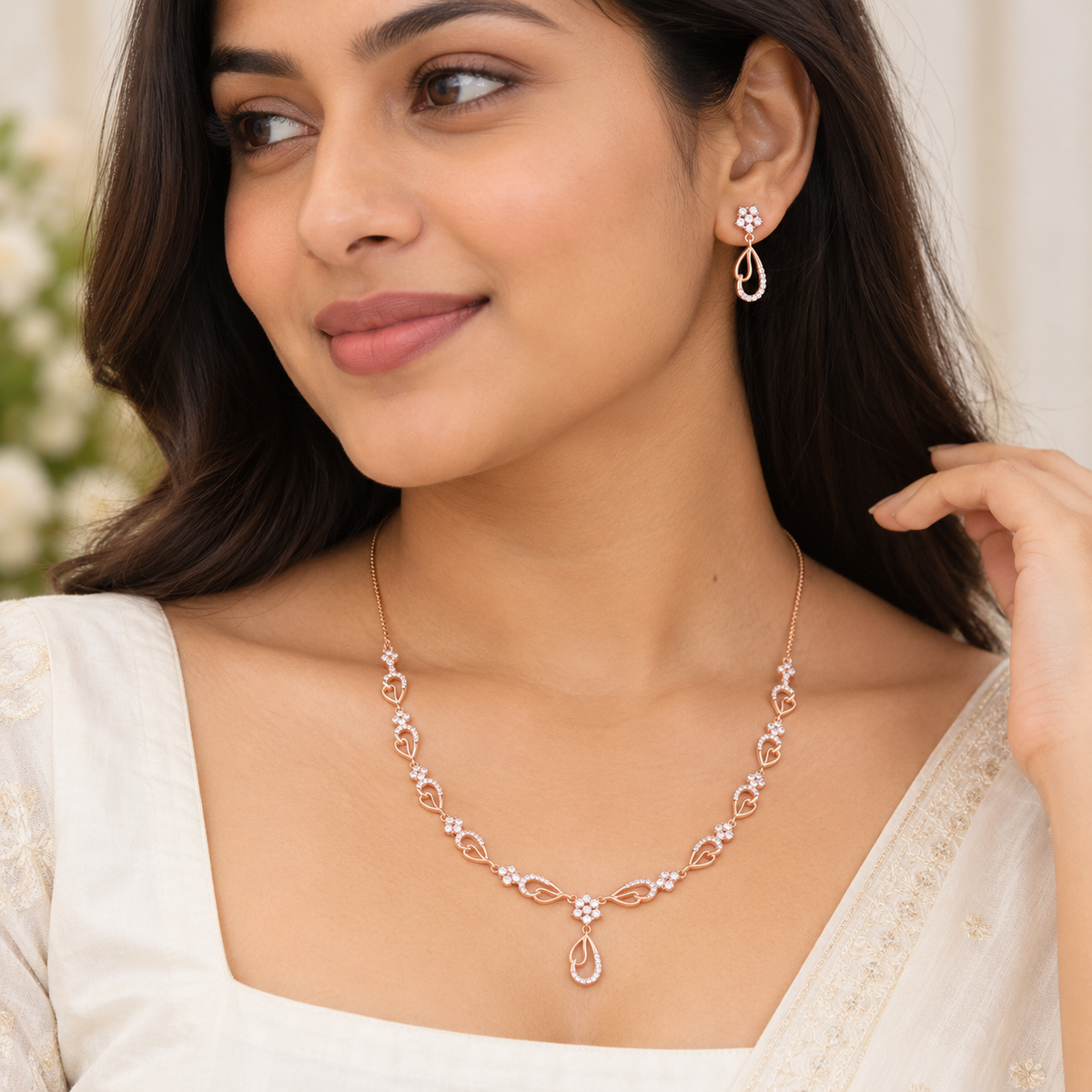 Silver Rose Gold Elara Heart Necklace Set