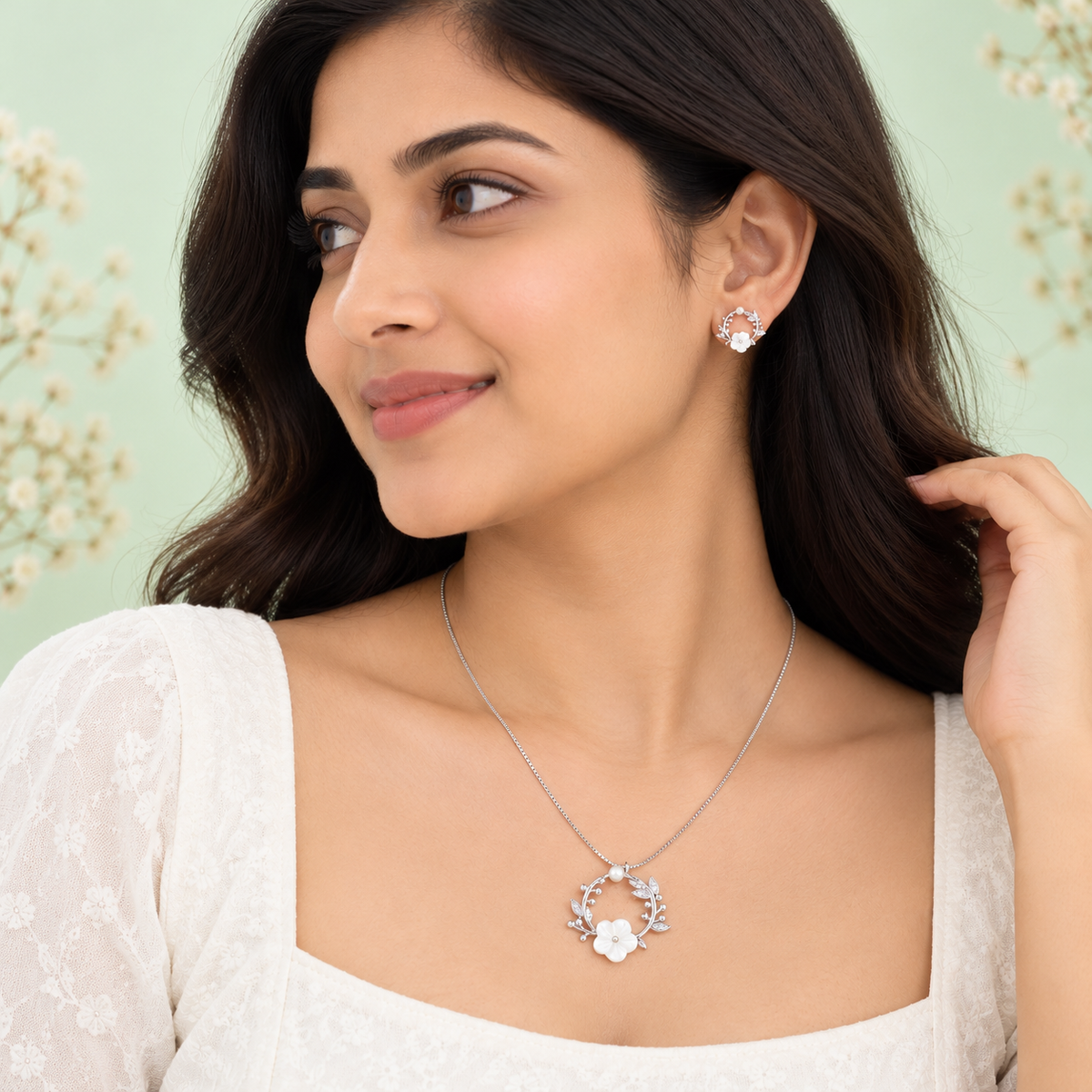 Silver Pearl Blossom Necklace Set