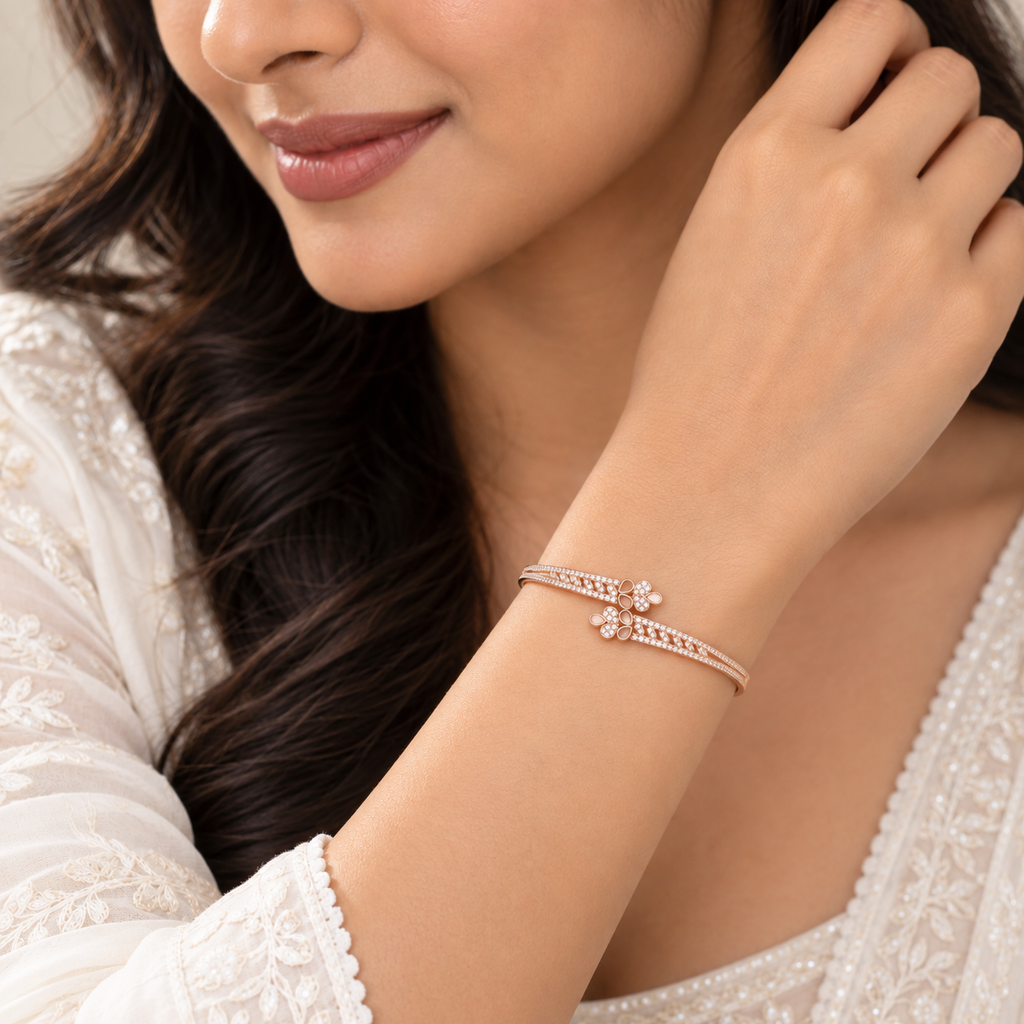 Silver Rosegold Crystal Vine Butterfly Kada