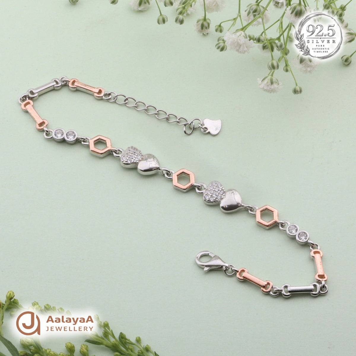 Silver Rosegold Twin Hearts Hexagon Bracelet