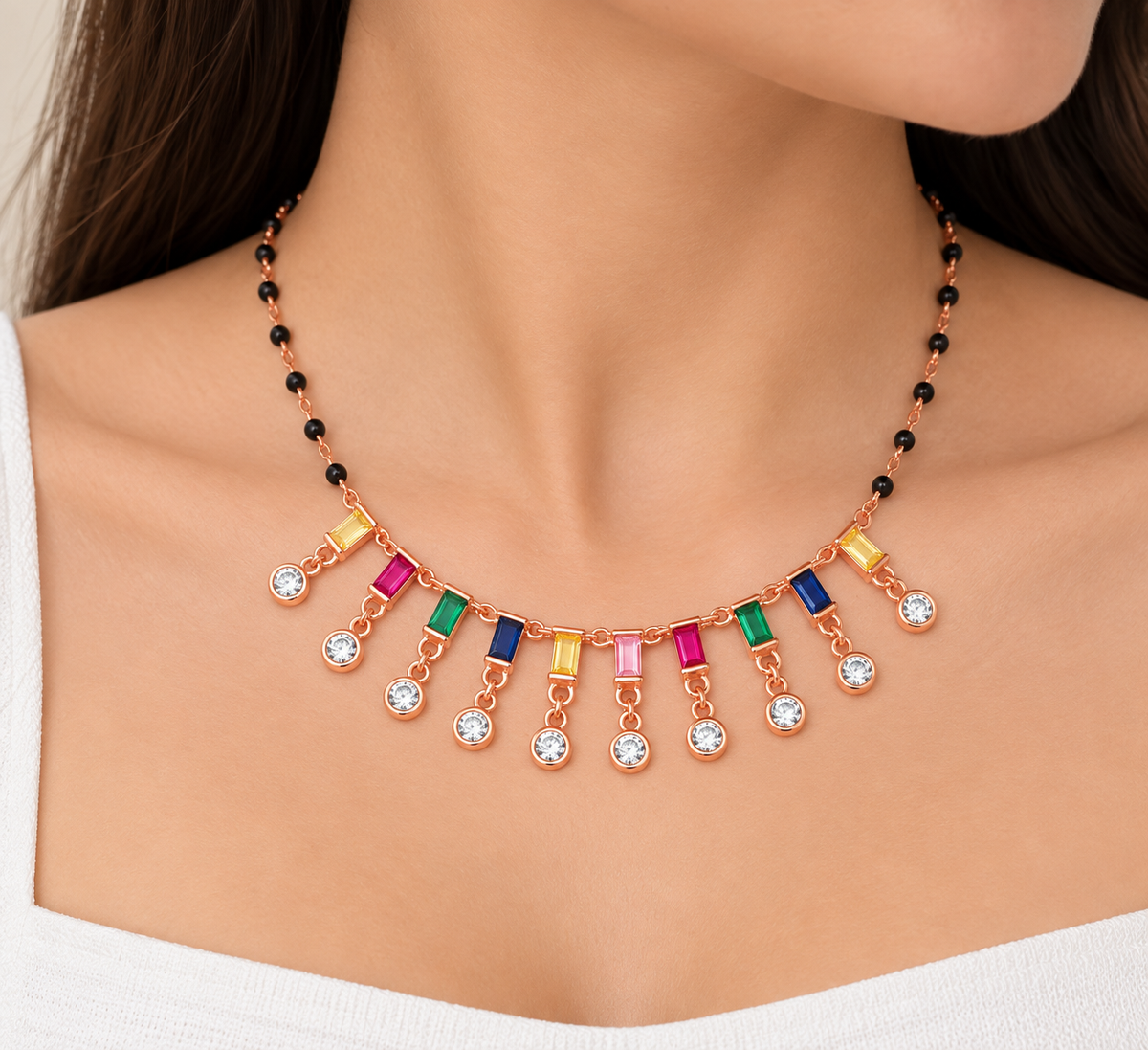 Silver Rosegold Aurora Prism Drop Necklace Set