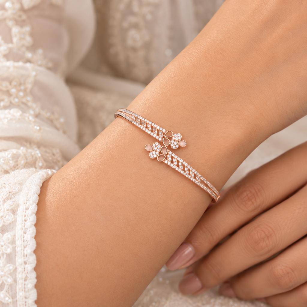 Silver Rosegold Crystal Vine Butterfly Kada