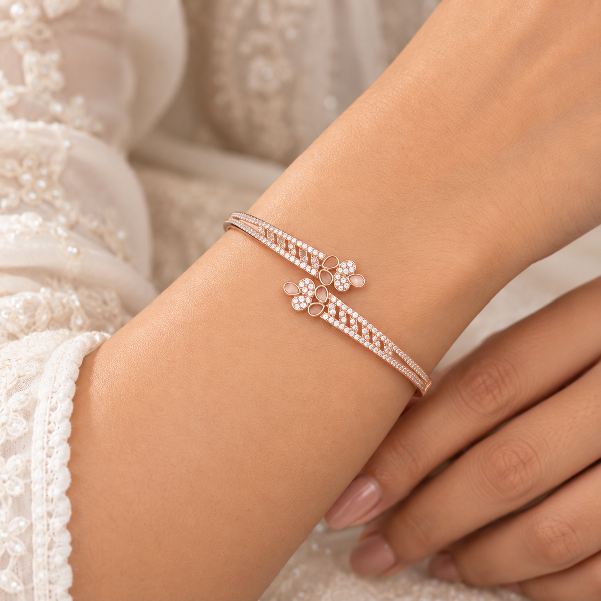 Silver Rosegold Crystal Vine Butterfly Kada