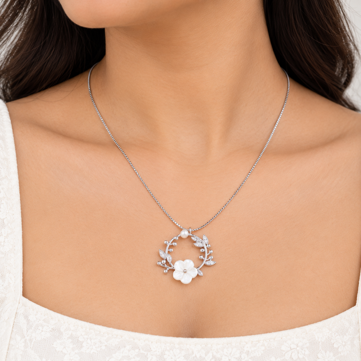Silver Pearl Blossom Necklace Set