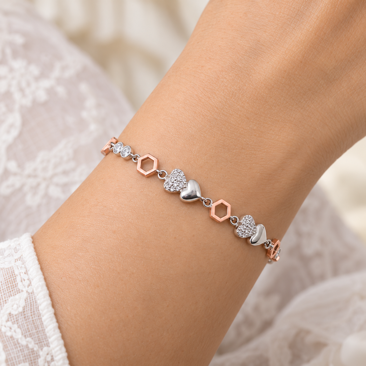 Silver Rosegold Twin Hearts Hexagon Bracelet