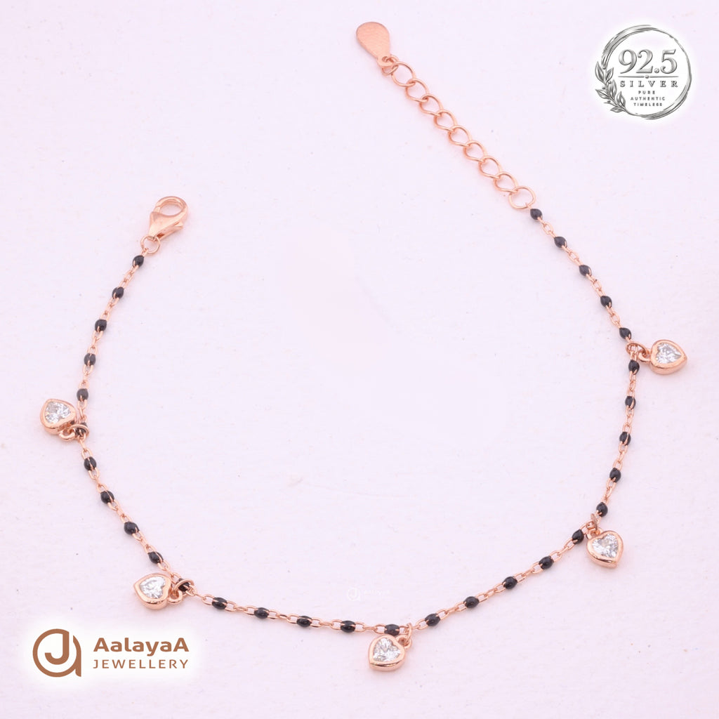 Silver Rosegold Black Bead Heart Charm Bracelet