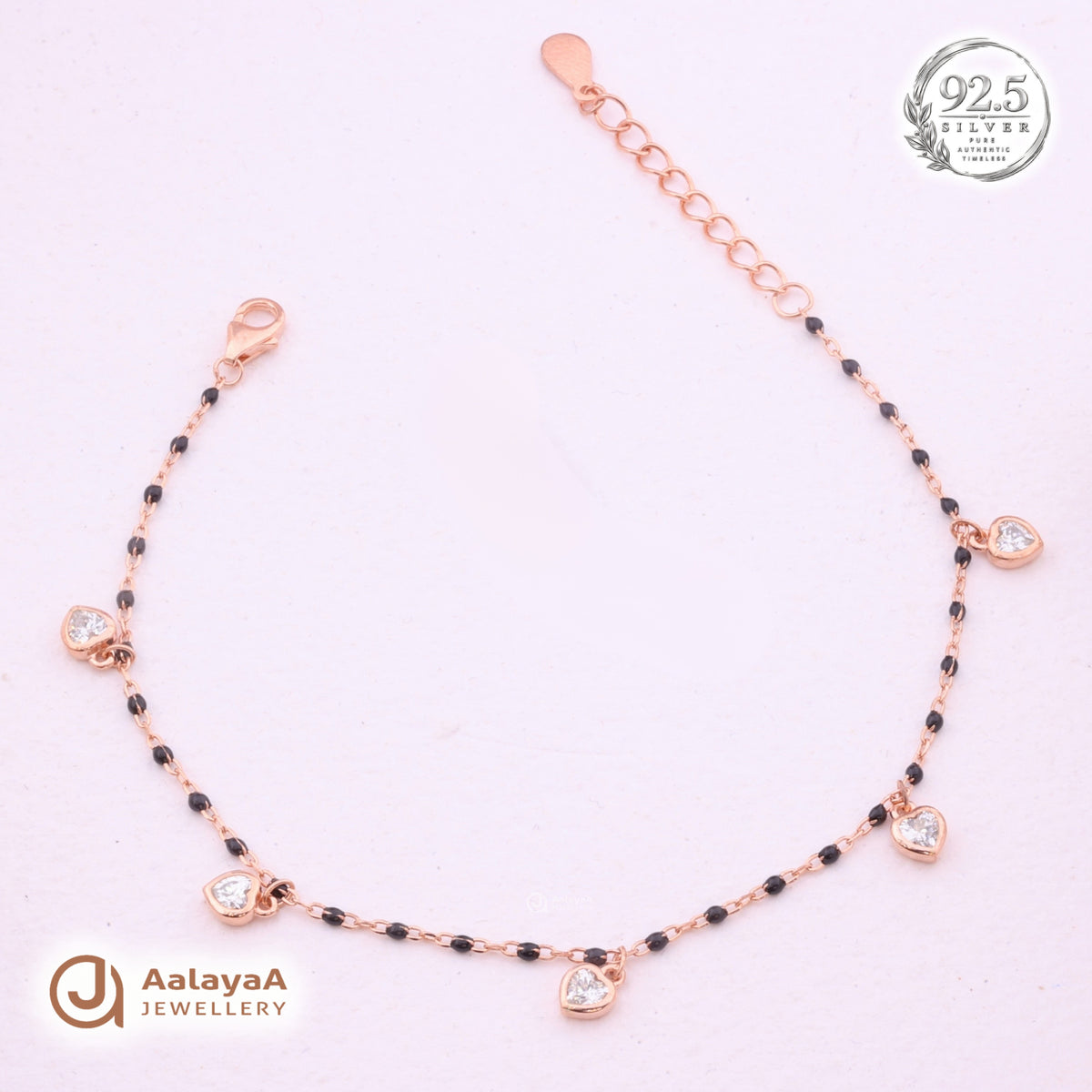 Silver Rosegold Black Bead Heart Charm Bracelet