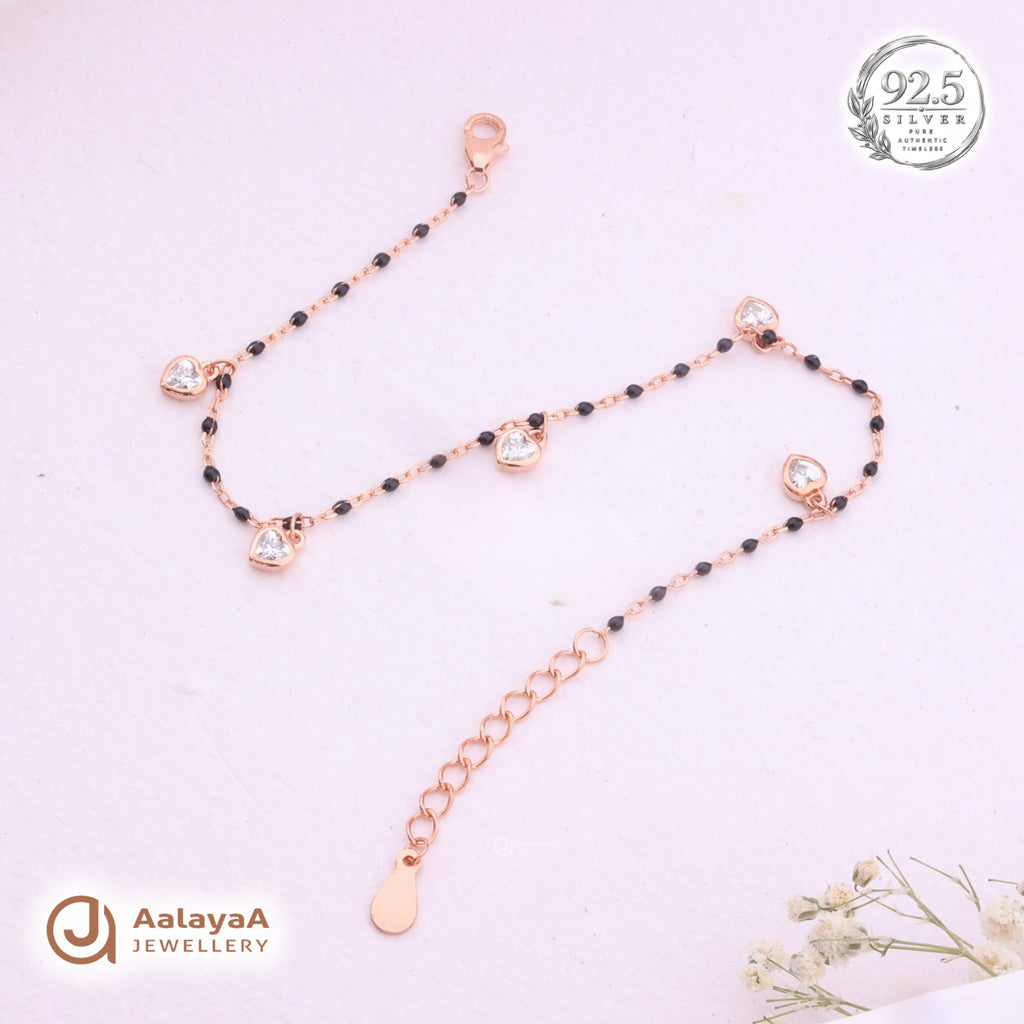 Silver Rosegold Black Bead Heart Charm Bracelet