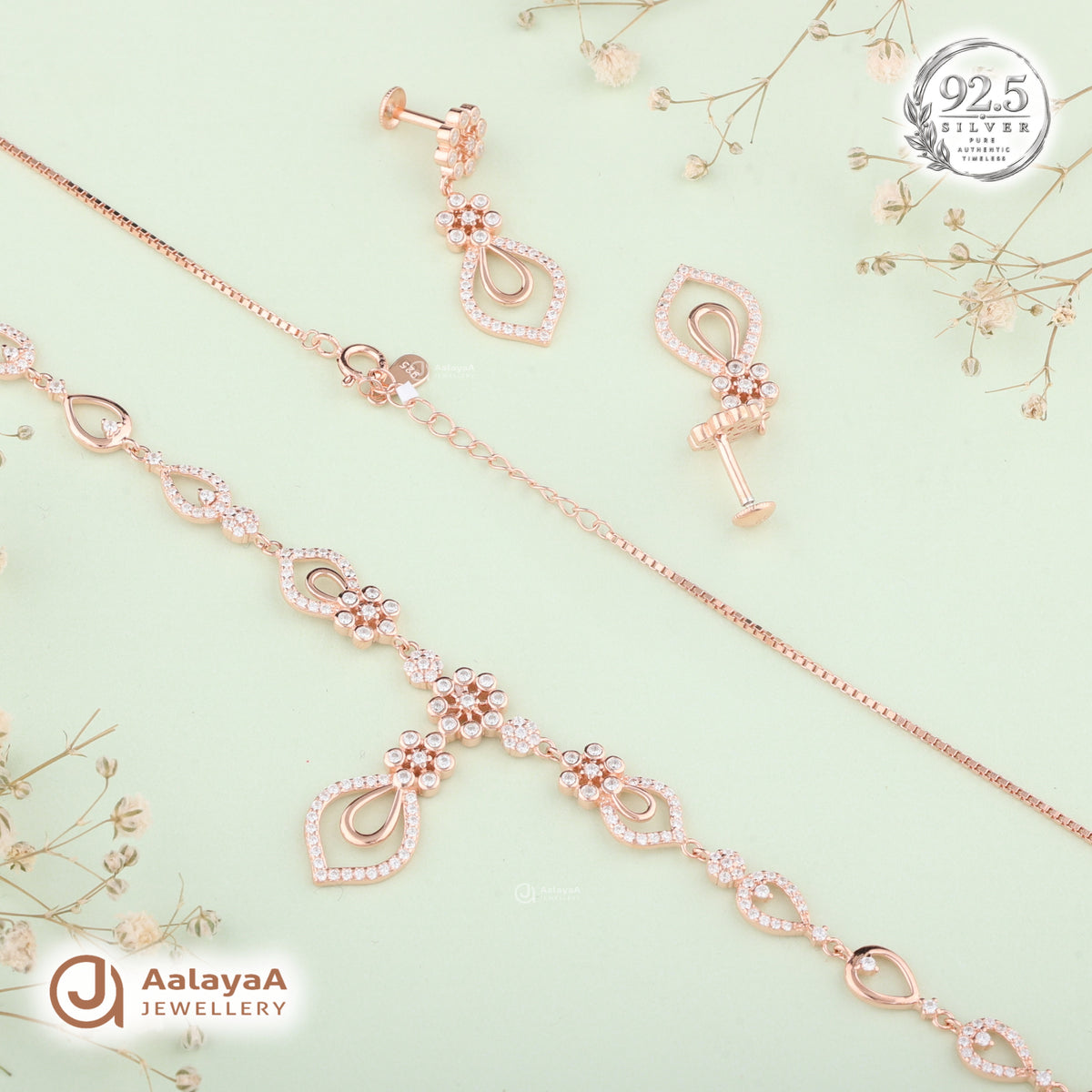 Silver Rose Gold Celestia Floral Necklace Set