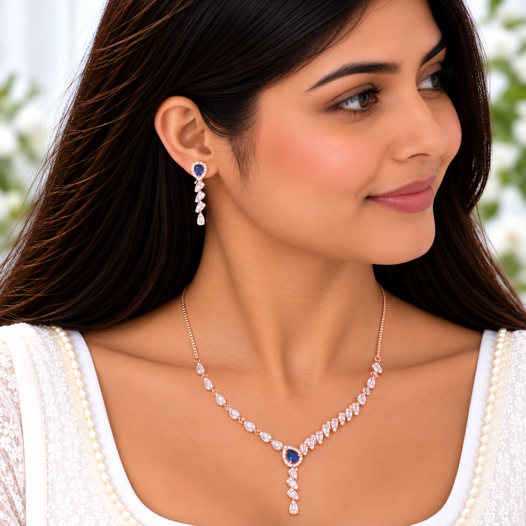 Silver Rose Gold Sapphire Elegance Necklace Set