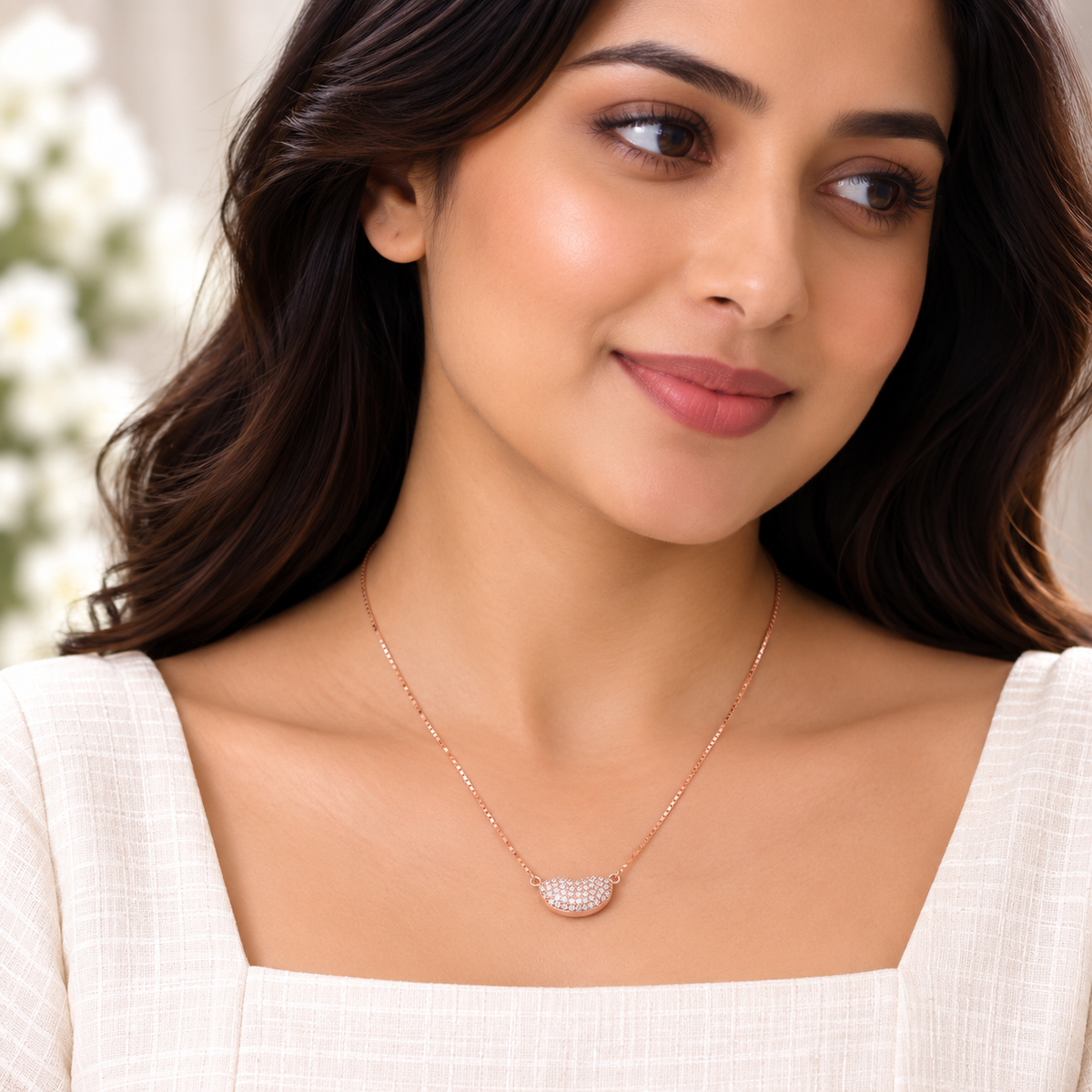 Silver RoseGold Crystal Crescent Chain Pendant