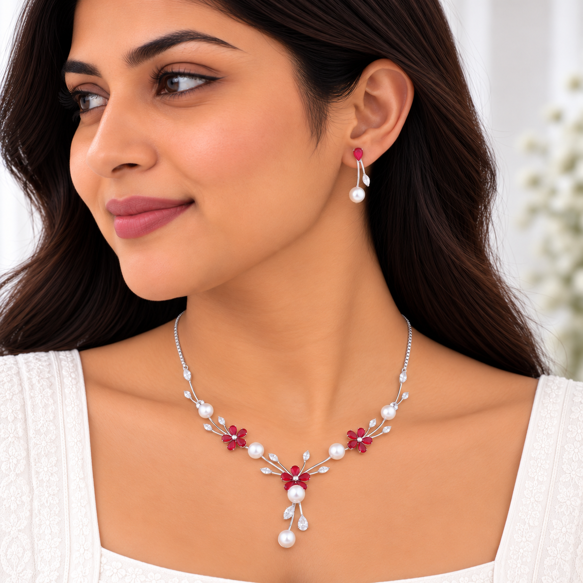 Silver Crimson Pearl Garden Necklace Set