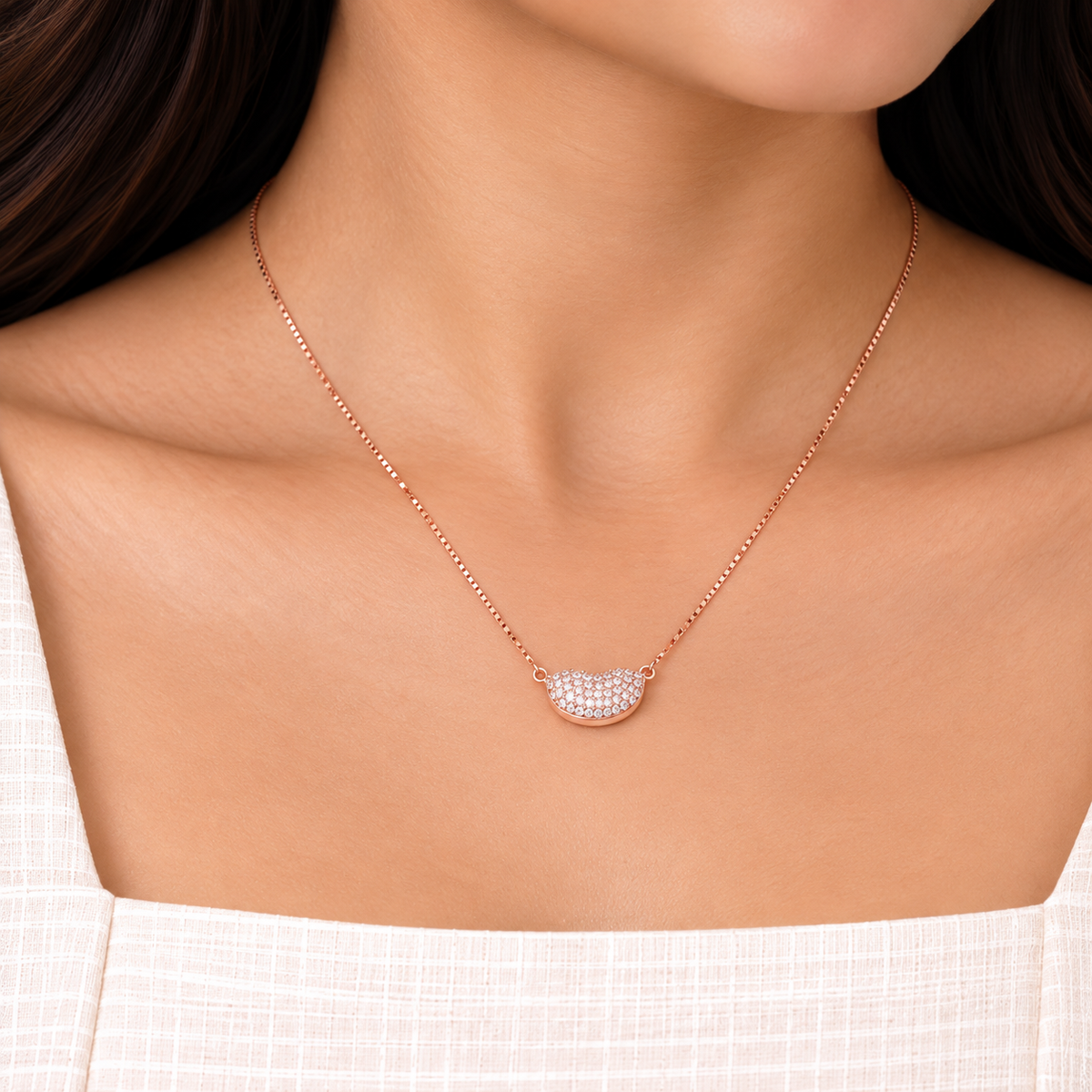 Silver RoseGold Crystal Crescent Chain Pendant