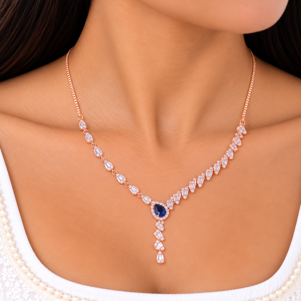 Silver Rose Gold Sapphire Elegance Necklace Set