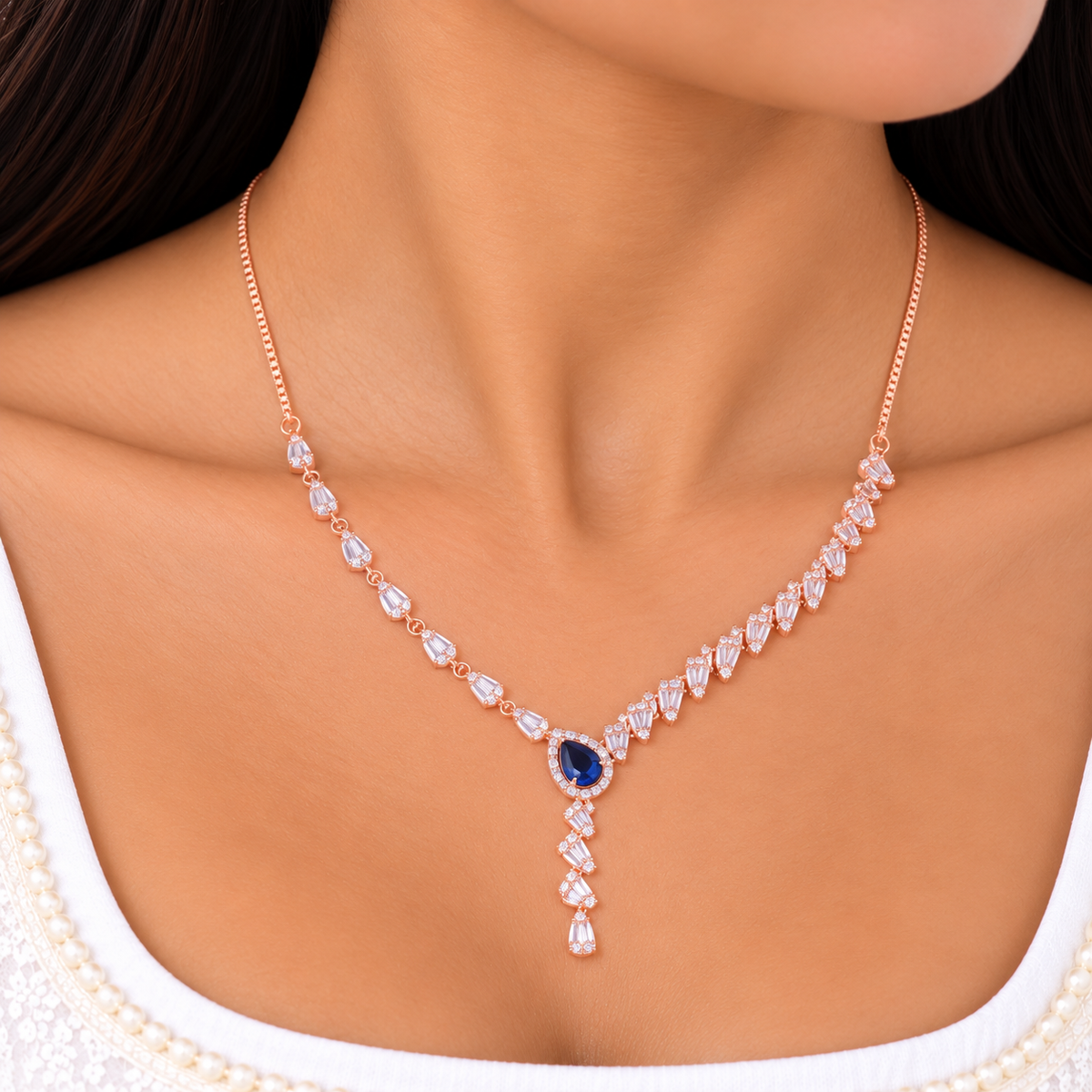 Silver Rose Gold Sapphire Elegance Necklace Set
