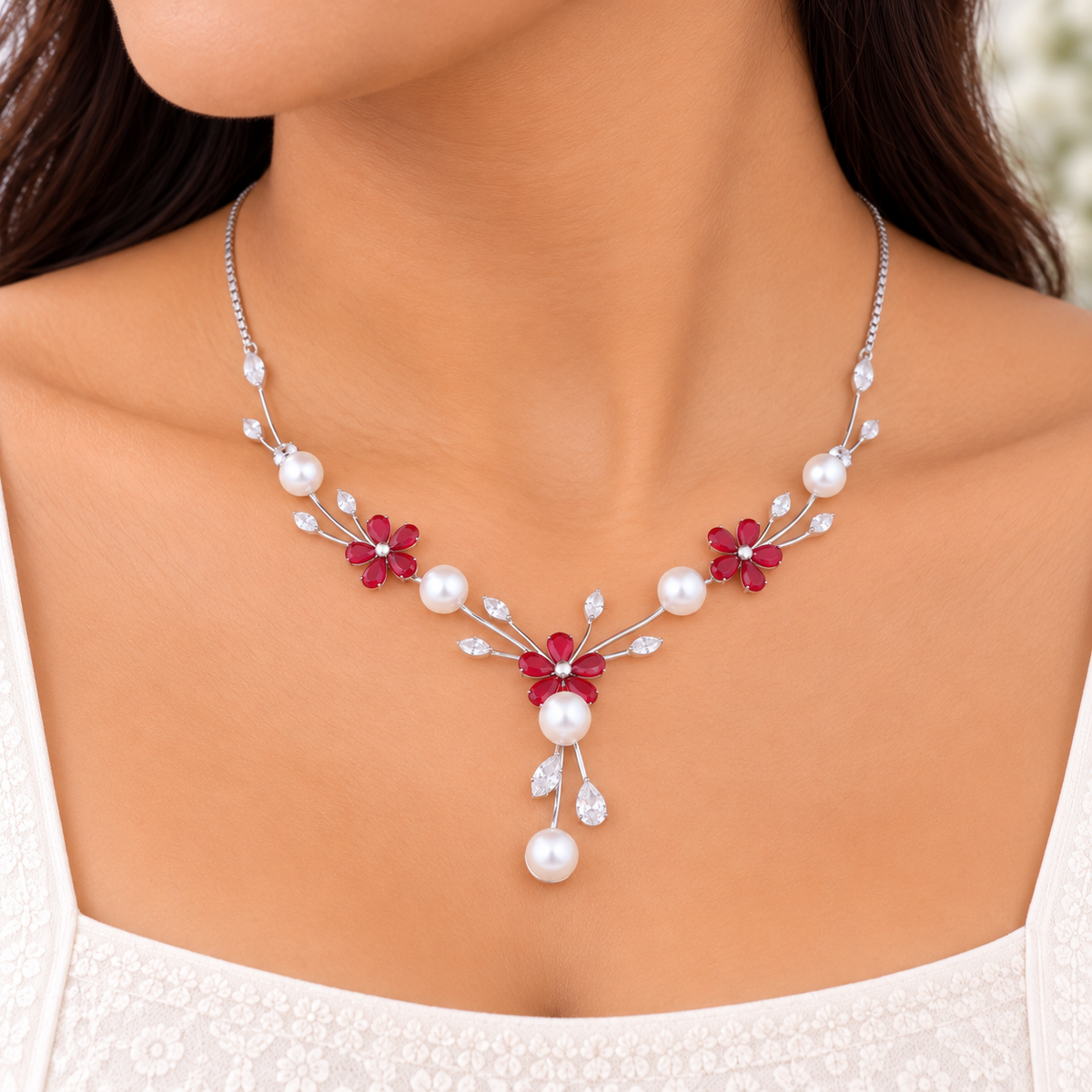 Silver Crimson Pearl Garden Necklace Set