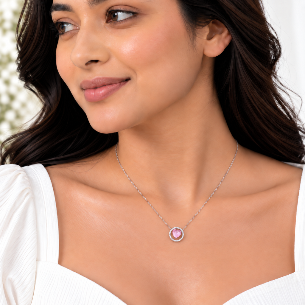 Silver Pink Heart Halo Chain Pendant