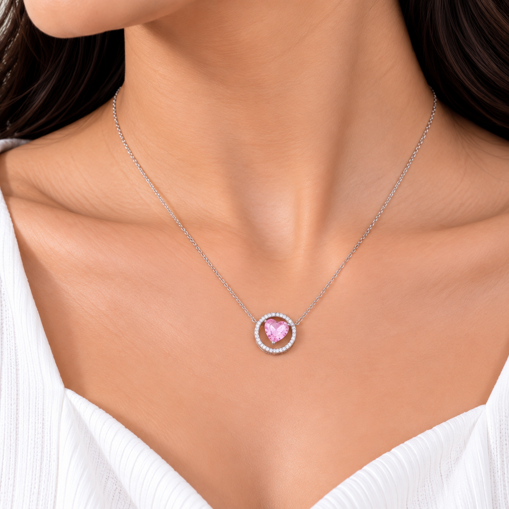 Silver Pink Heart Halo Chain Pendant