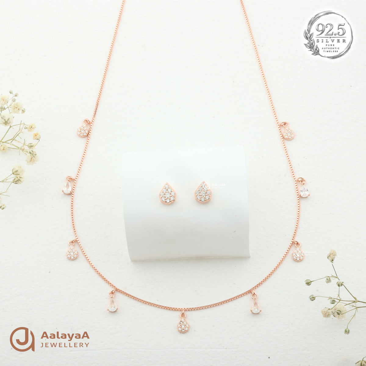 Silver Rosegold Crystal Teardrop Charm Necklace Set