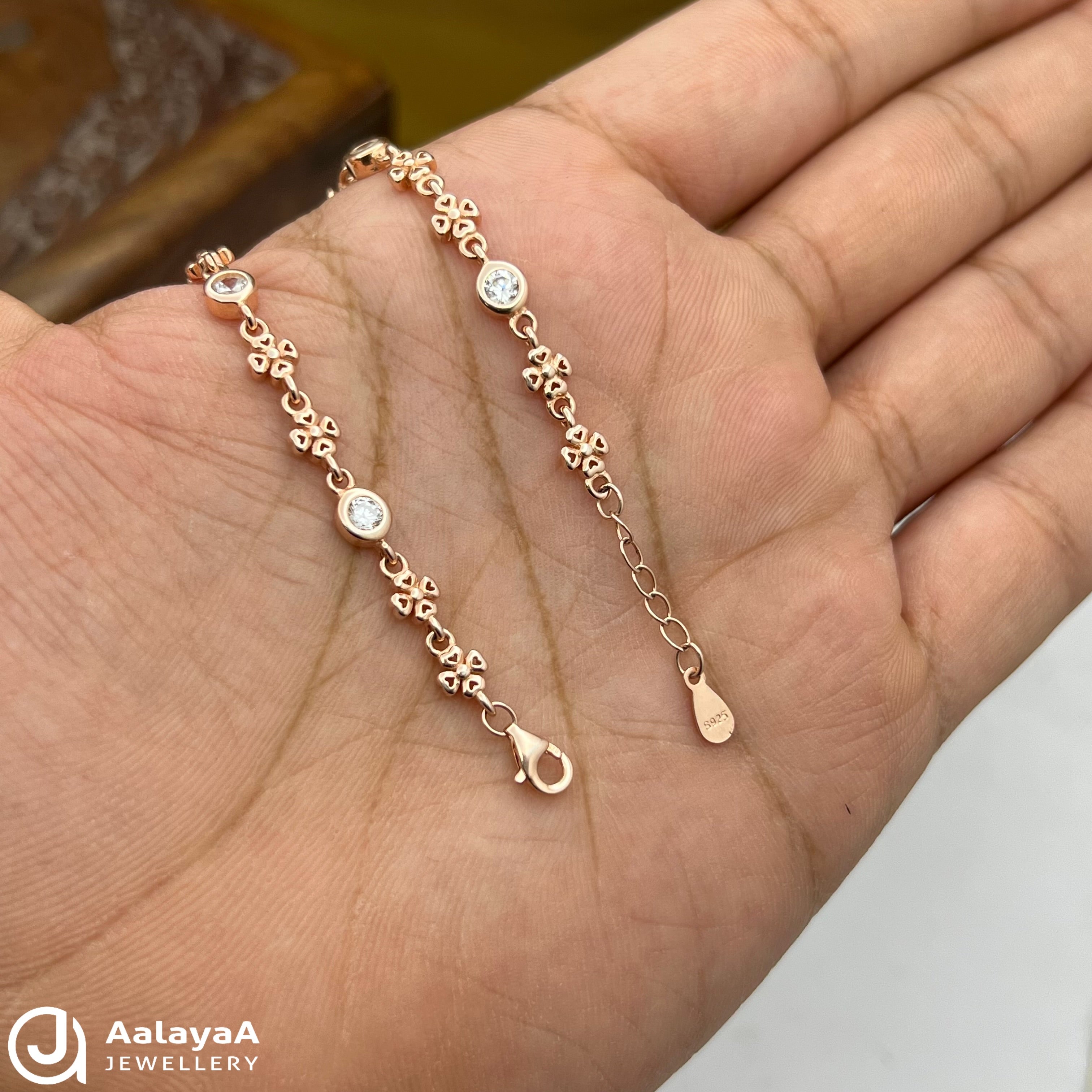 Silver Rosegold Simple Floral and Stone Bracelet