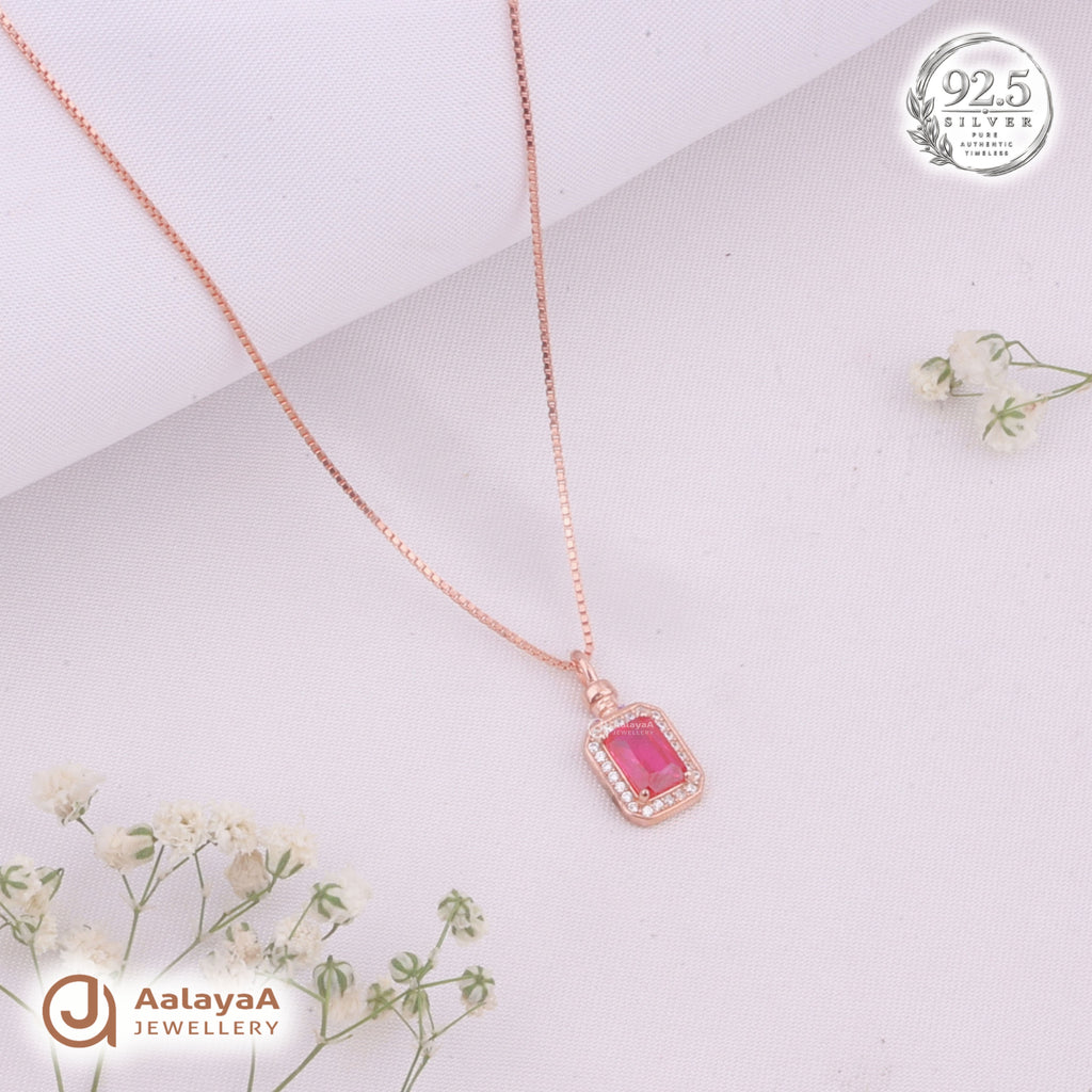 Silver RoseGold Ruby Halo Chain Pendant