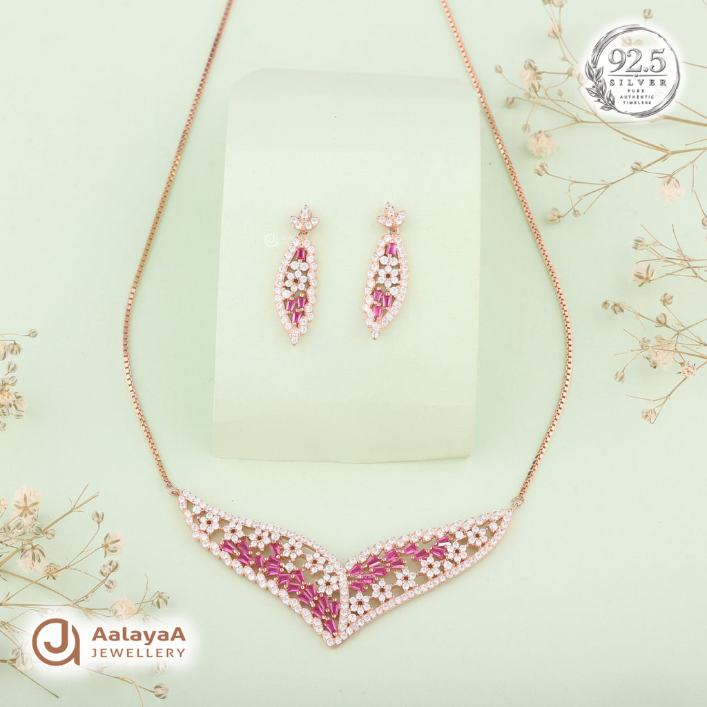 Silver Rose Gold Roselle Ruby Necklace Set