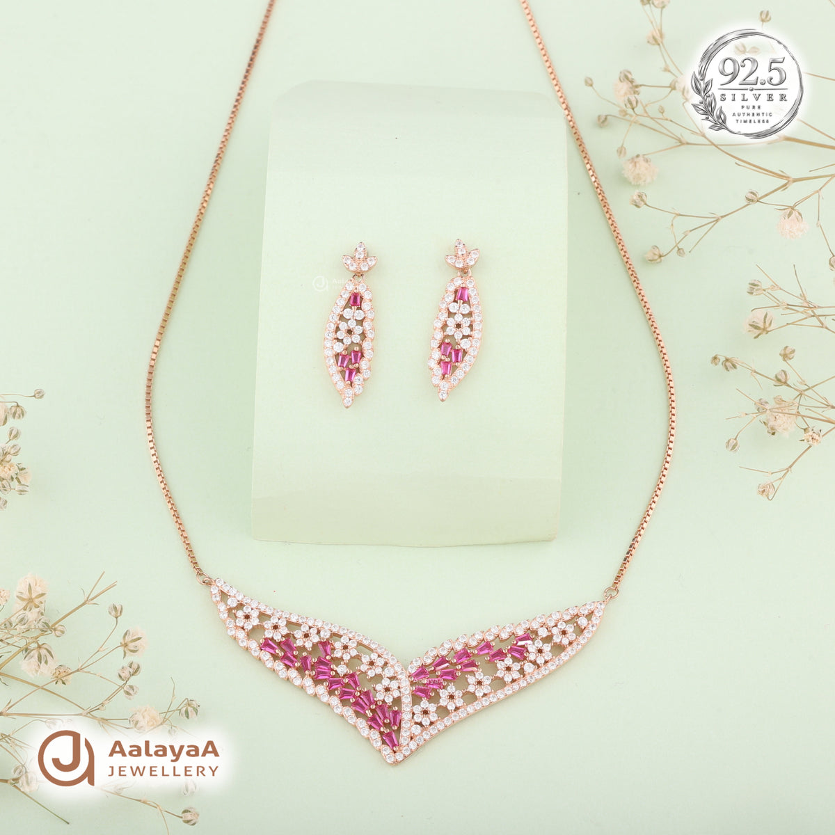 Silver Rose Gold Roselle Ruby Necklace Set