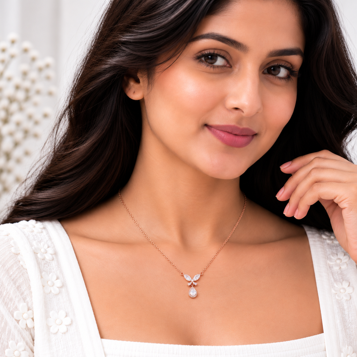 Silver Rosegold Crystal Petal Drop Chain Pendant