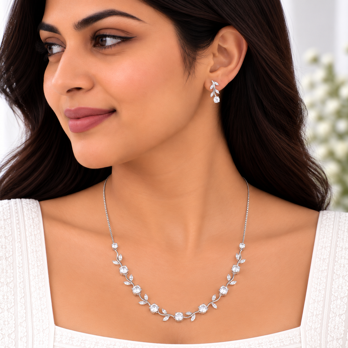 Silver Crystal Vine Necklace Set