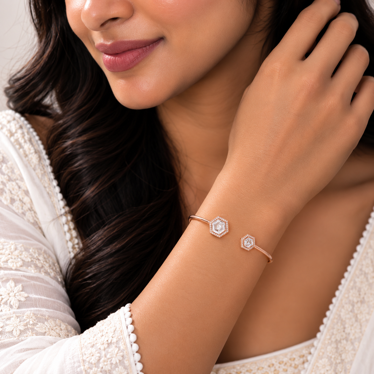 Silver Rosegold Hexa Crystal Kada