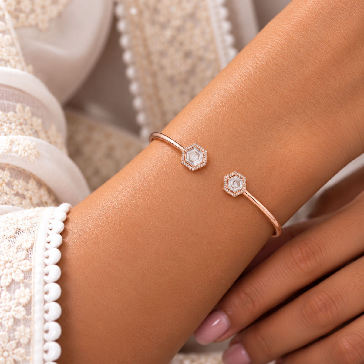 Silver Rosegold Hexa Crystal Kada