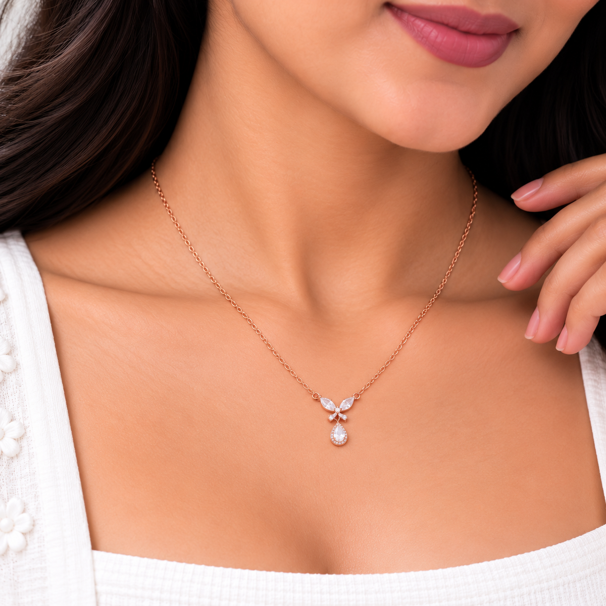 Silver Rosegold Crystal Petal Drop Chain Pendant