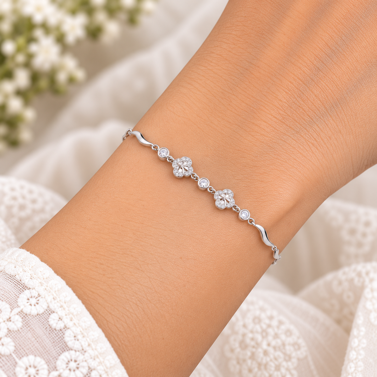 Silver Crystal Clover Bracelet