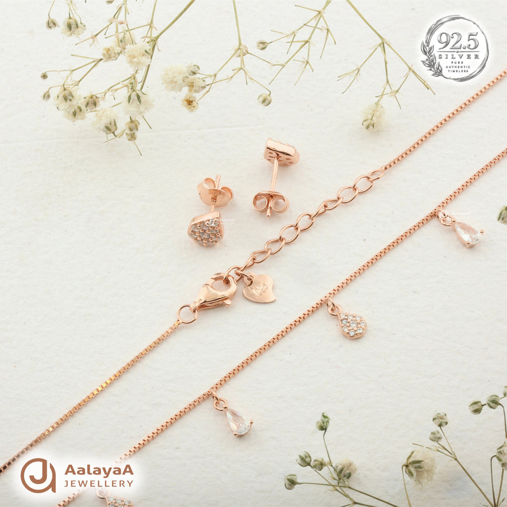 Silver Rosegold Crystal Teardrop Charm Necklace Set
