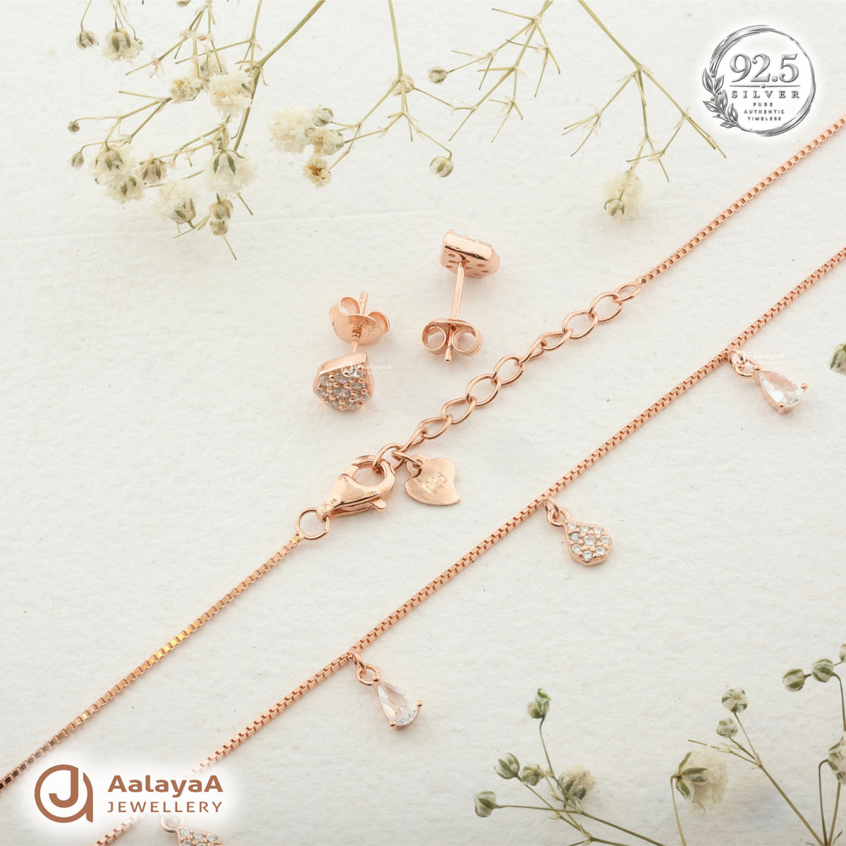 Silver Rosegold Crystal Teardrop Charm Necklace Set