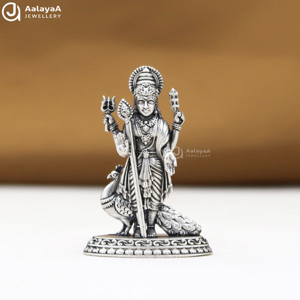 Silver Antique Lord Murugar With Peacocok 2D Idol