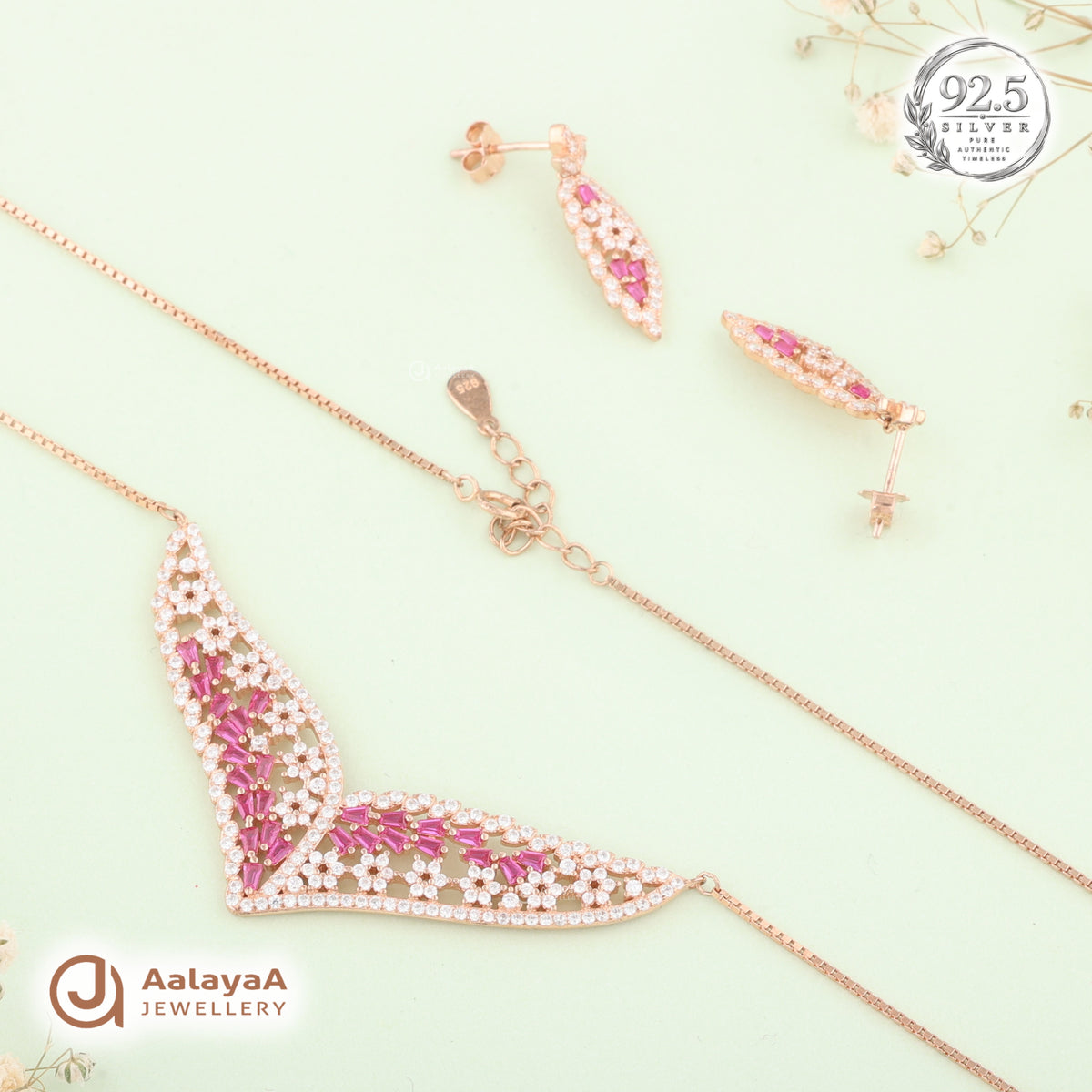 Silver Rose Gold Roselle Ruby Necklace Set