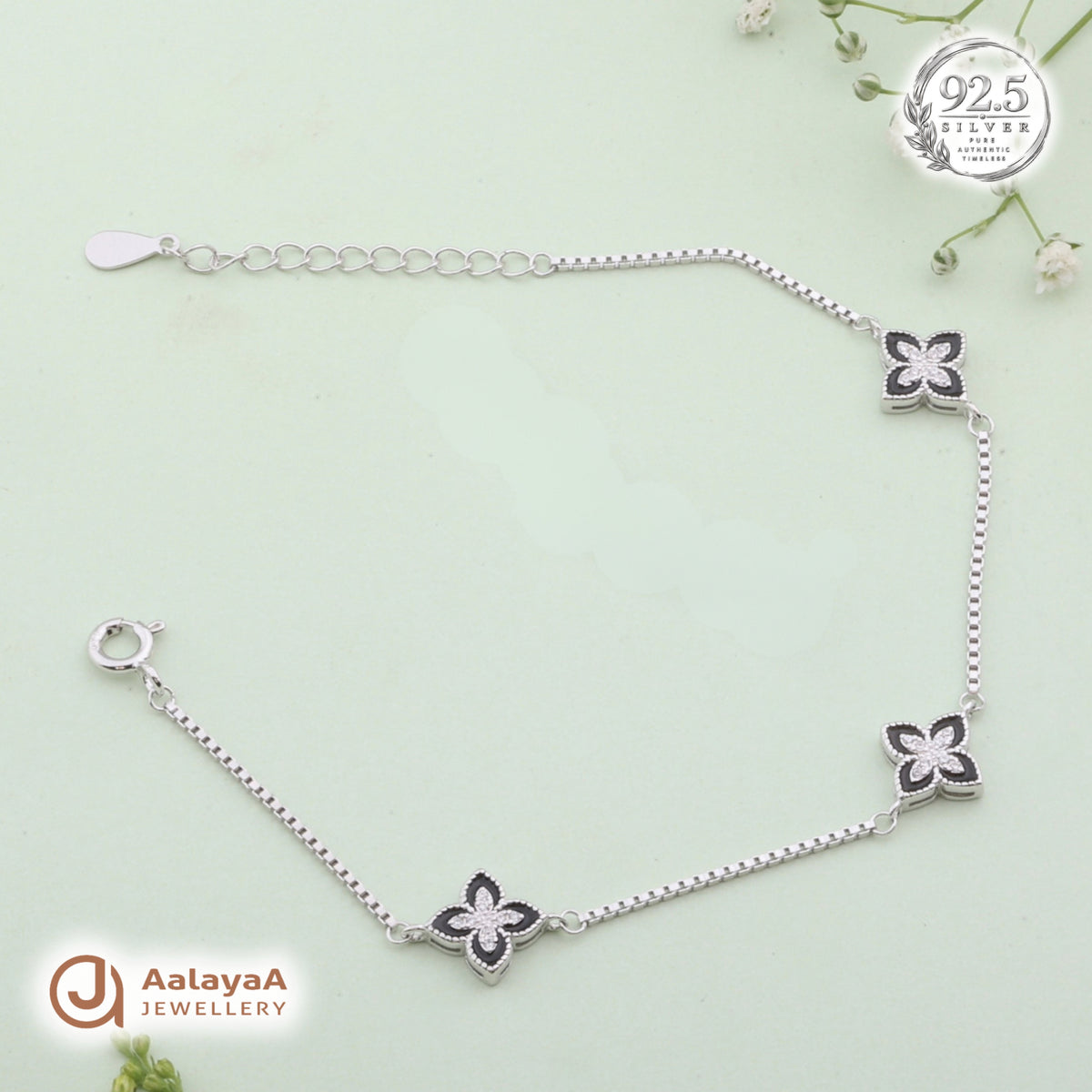 Silver Black Floral Charm Bracelet