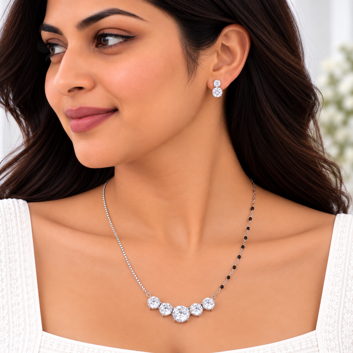 Silver Diamond Cascade Necklace Set