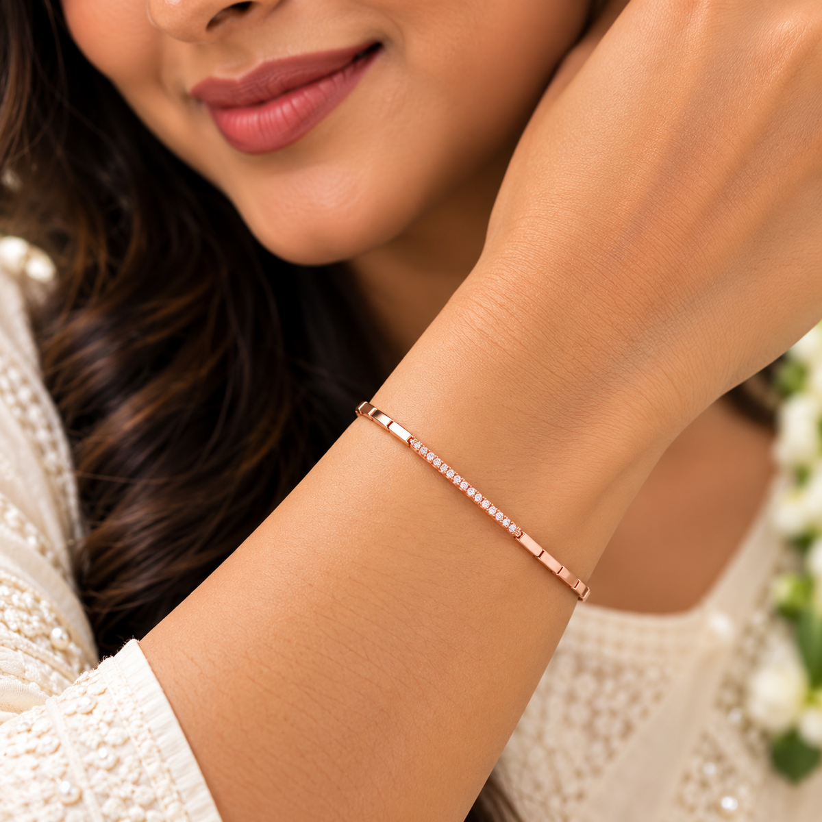 Silver Rosegold Sleek Crystal Bar Bracelet